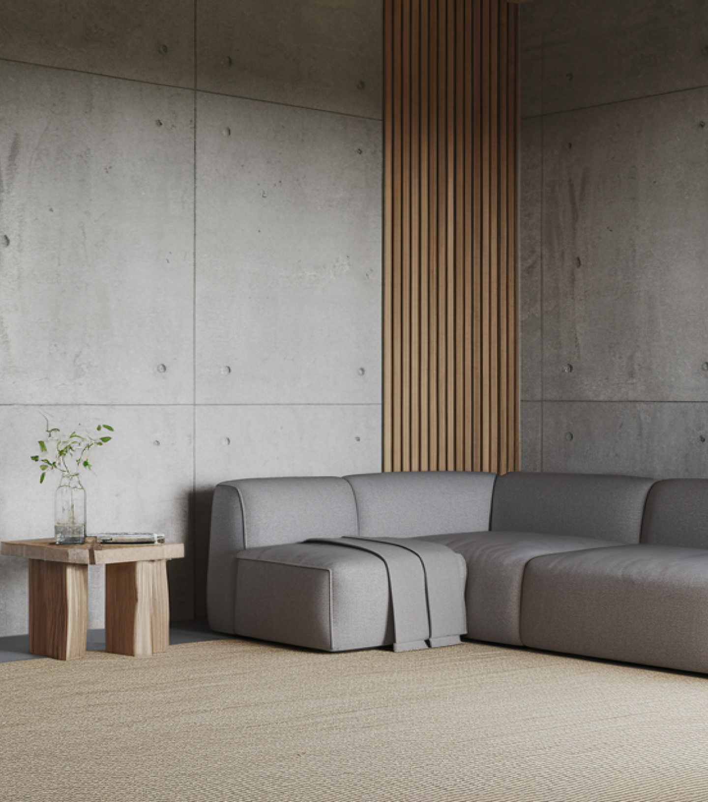 Living room with dark gray corner sofa and coffee table